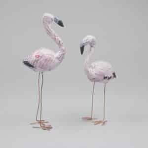 2 papier mache flamingos