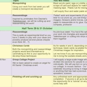 table showing content for art workshops