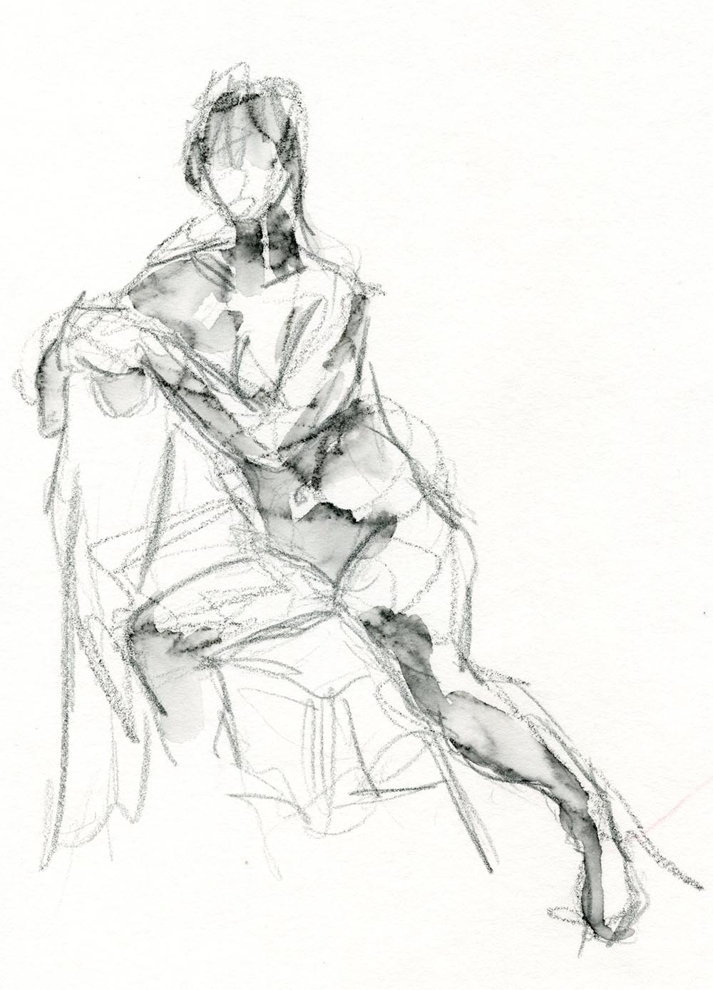 Drawing of a seated female life model