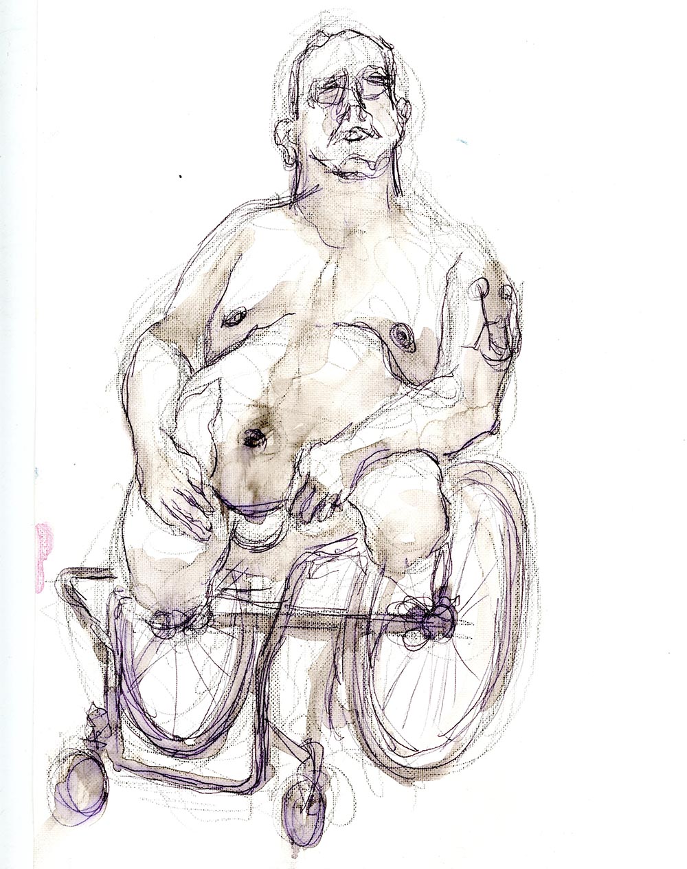 Drawing of a seated male life model in a wheelchair