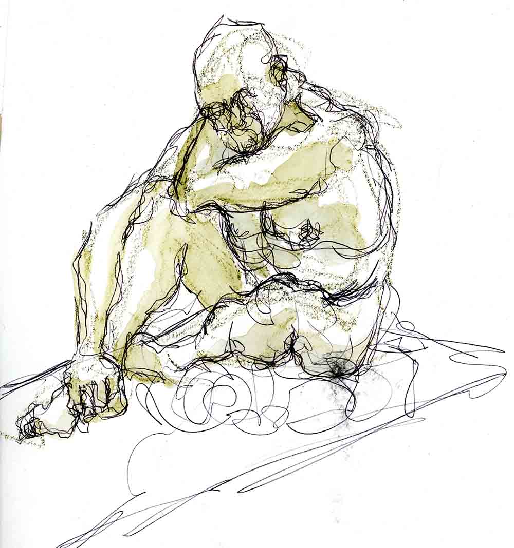 Pen and wash drawing of a seated male nude