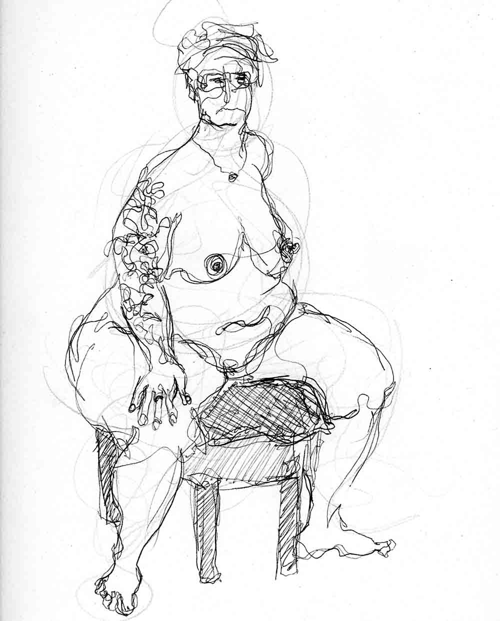 Pen drawing of a seated female life model