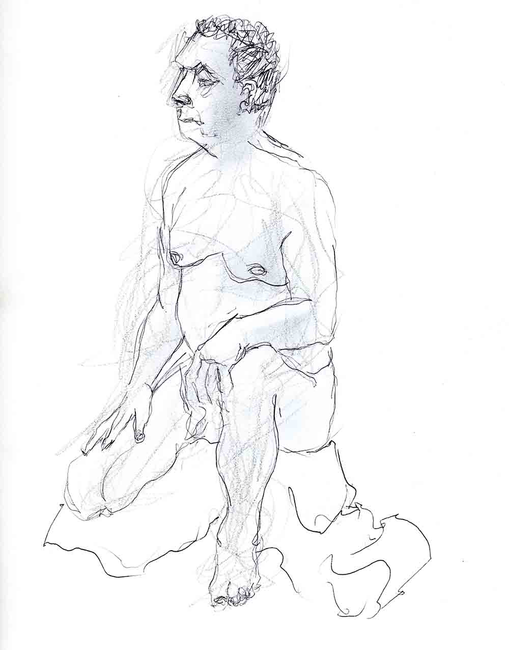 Pen and graphite drawing of seated male life model