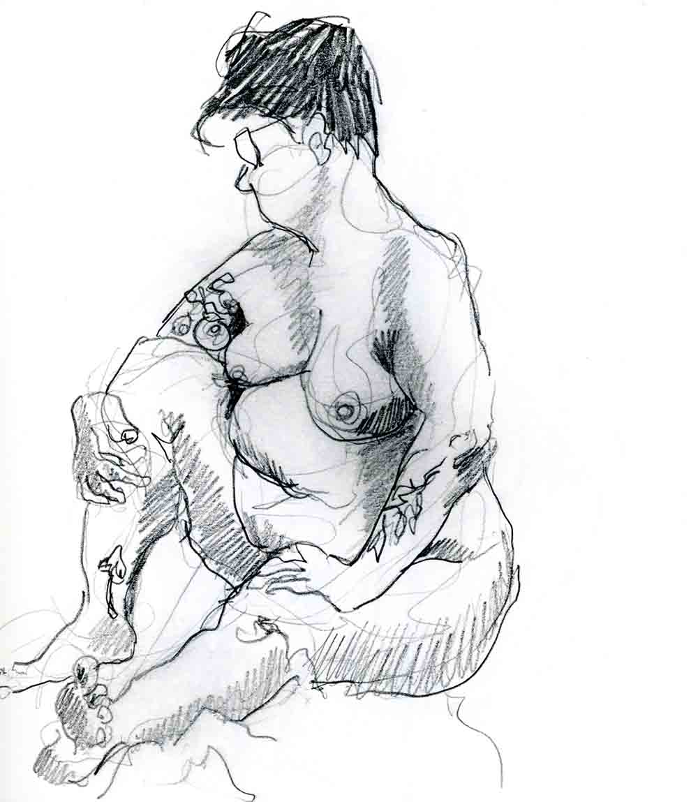 Drawing of a seated female life model