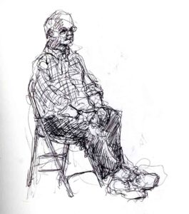 Drawing of a seated man in a checked shirt