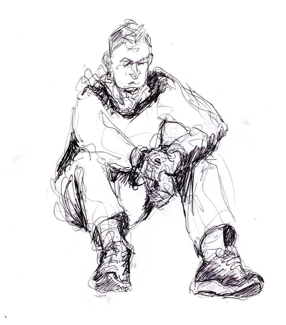 Drawing of a man sitting on the floor