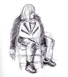 Drawing of a woman leaning on her chair back