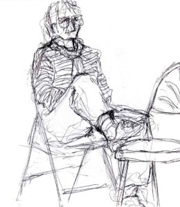 Drawing of a woman with her foot resting on a chair