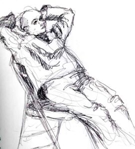 Drawing of a man leaning back in his chair
