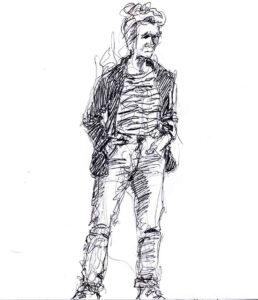 Drawing of a woman with her hands in her pockets