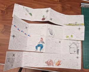An unfolded meander book with handwriting and drawings