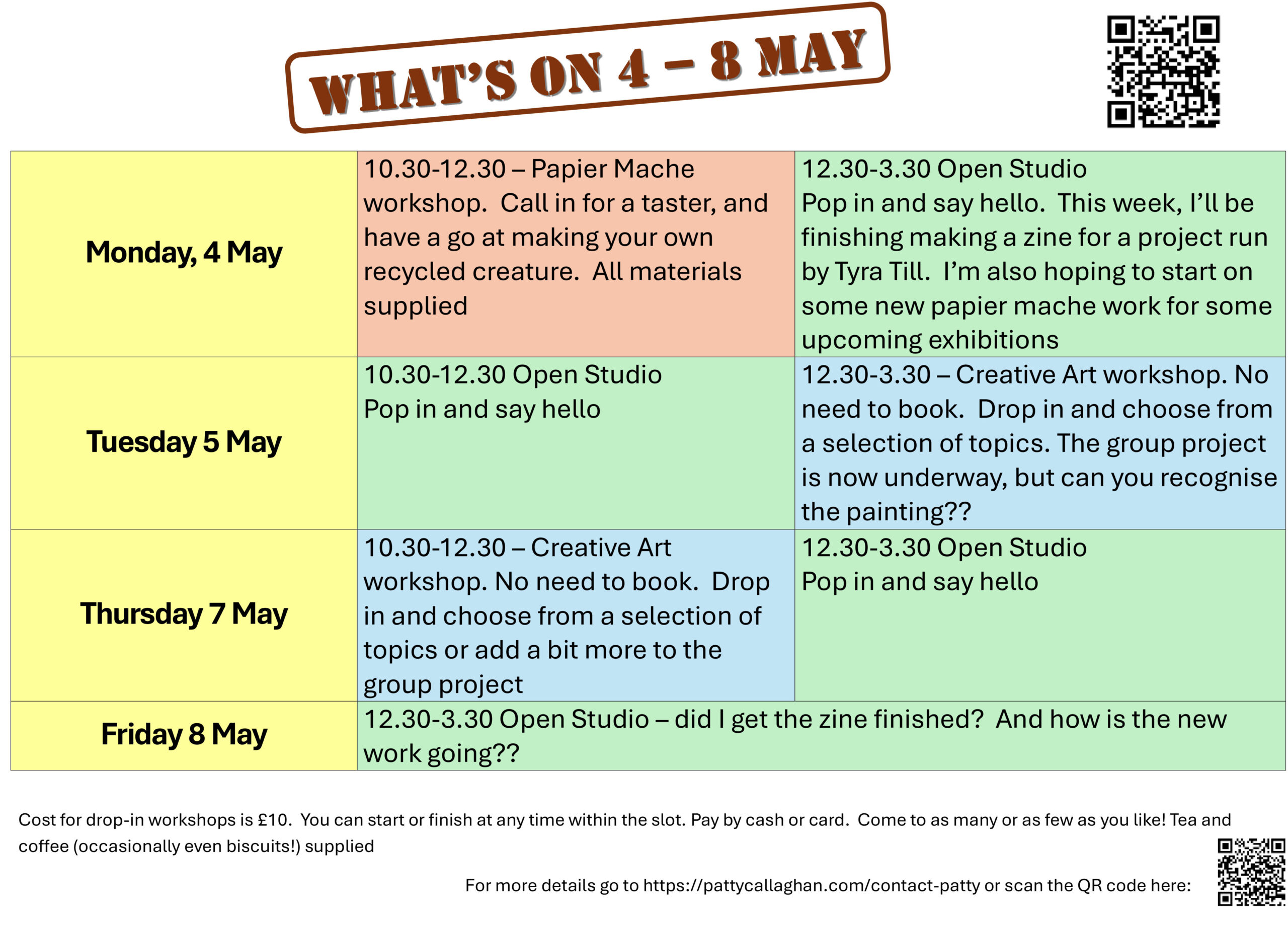 Weekly programme for popup workshops