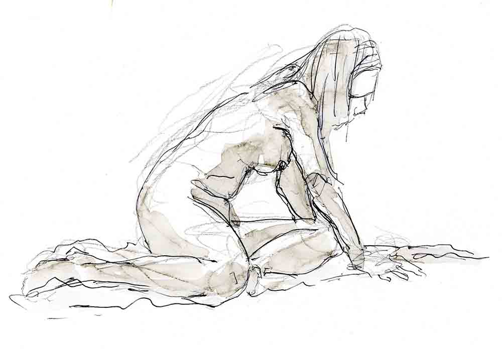 Drawing of a kneeling female life model