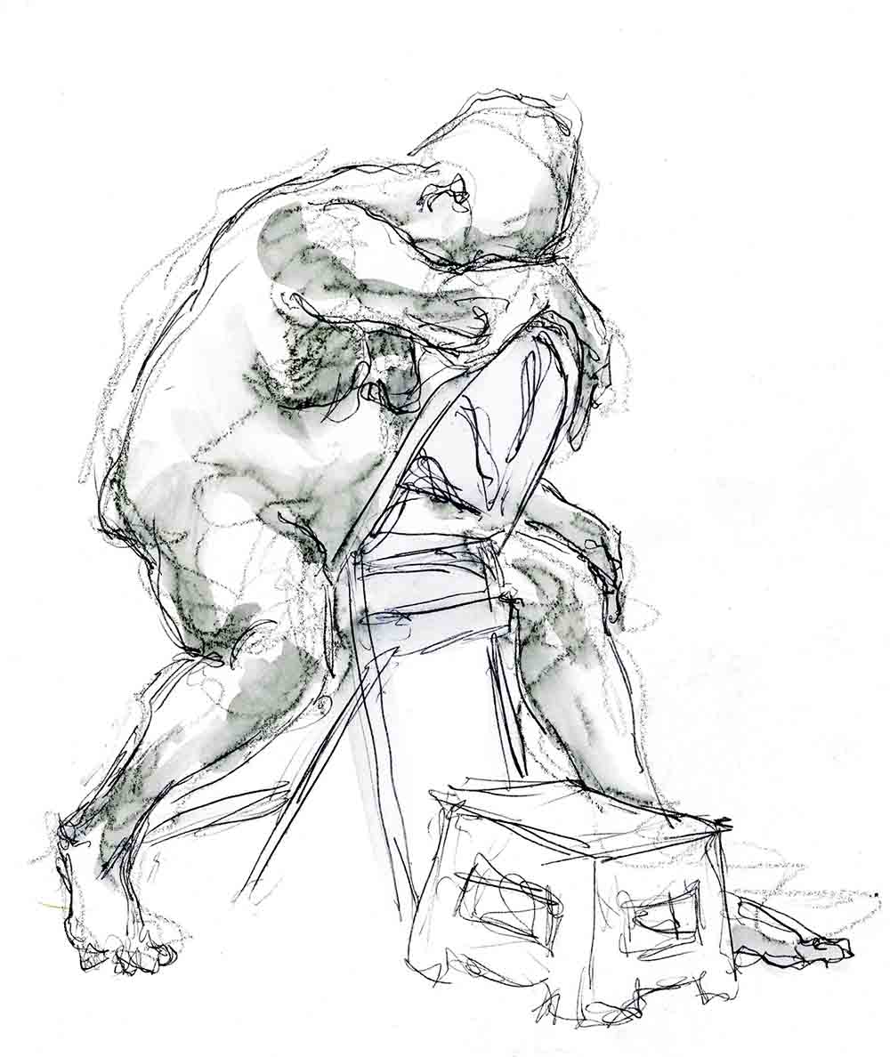 Drawing of a seated male life model